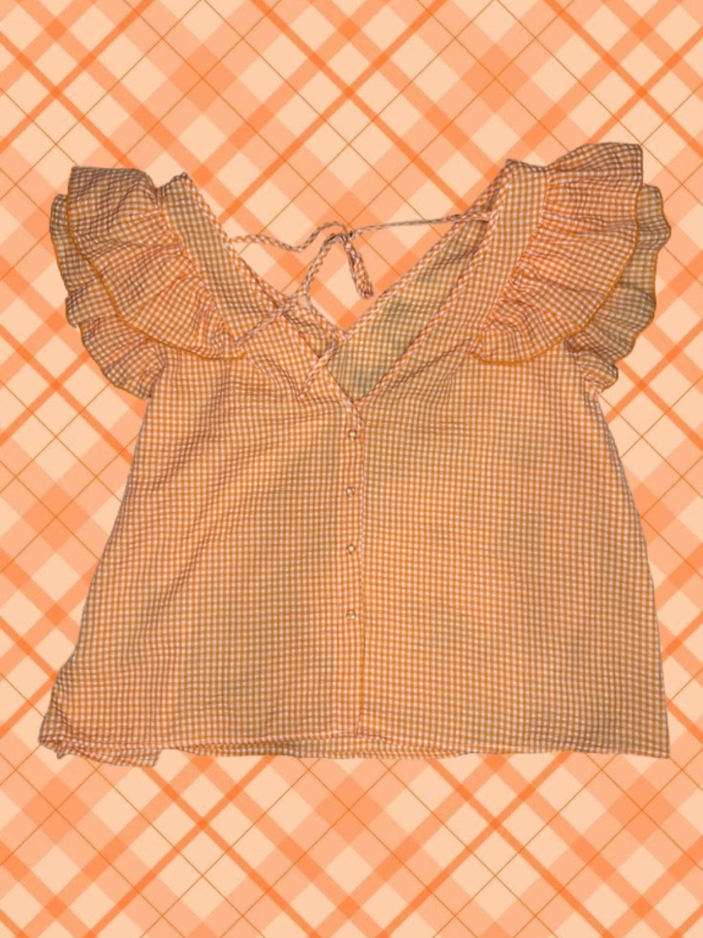 Orange Gingham Ruffle Sleeve Blouse